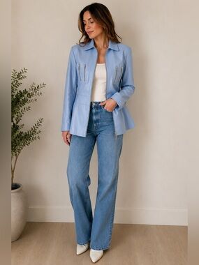 St. John Sport Marie Gray Blue Leather Zip Jacket Peplum Silk M Collector RARE